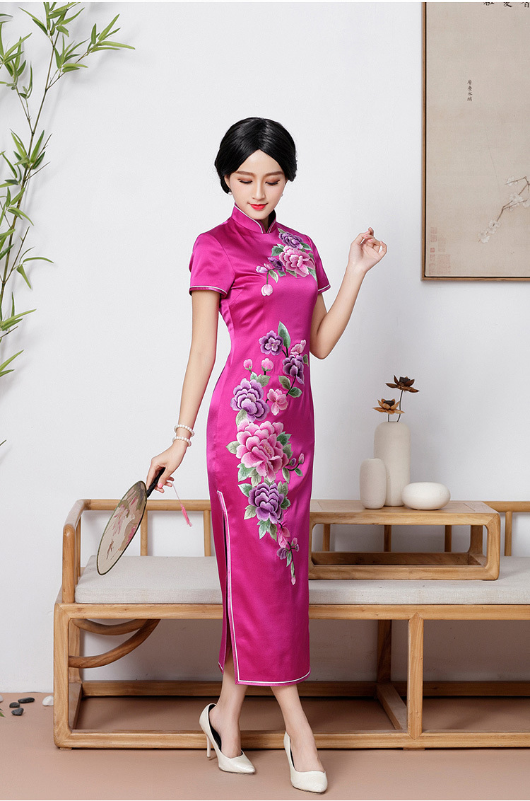 真丝旗袍长款春季新款改良时尚日常复古绣花婚礼礼服高端刺绣旗袍定制