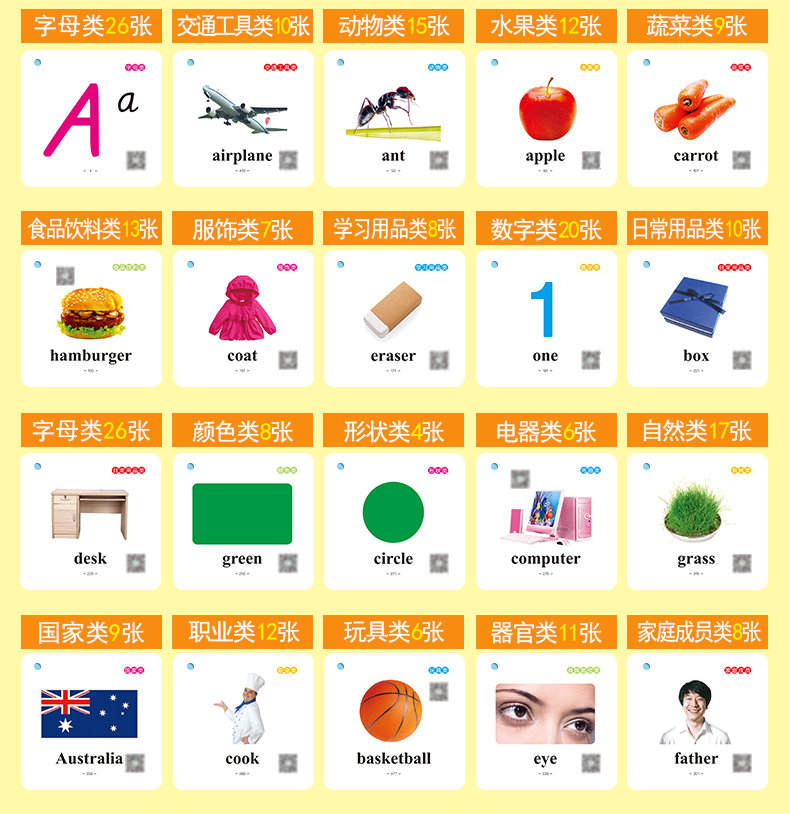 儿童英语学习卡216张 幼儿英语启蒙教材早教英语单词卡片少儿英语入门