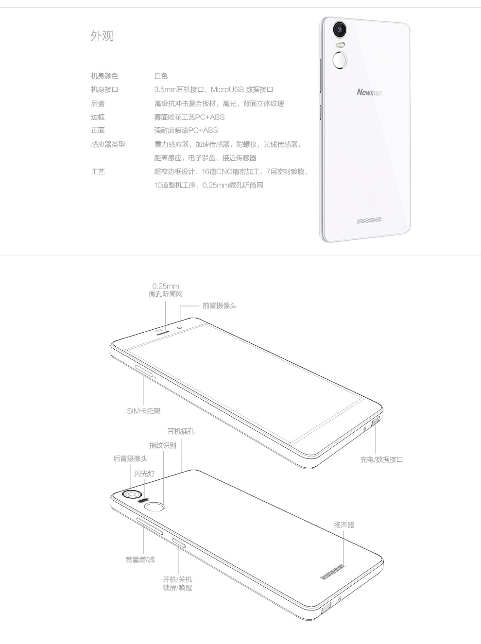 纽曼 纽扣 CM810 移动联通双4G 双卡双待（16G ROM）指纹手机 白色