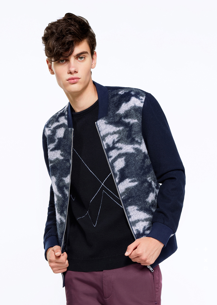 卡宾男装时尚修身呢夹克2017冬季青年简约立领帅气迷彩潮流外套c 靛蓝