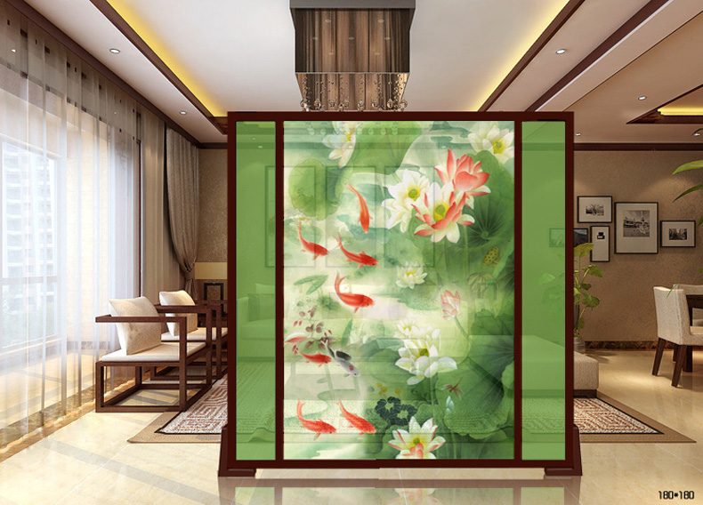 
                                                                                睿泽之家 定制屏风客厅隔断 中式客厅卧室玄关隔断帘 九鱼荷花 宽150cmX高180cm 不透  定制边框                