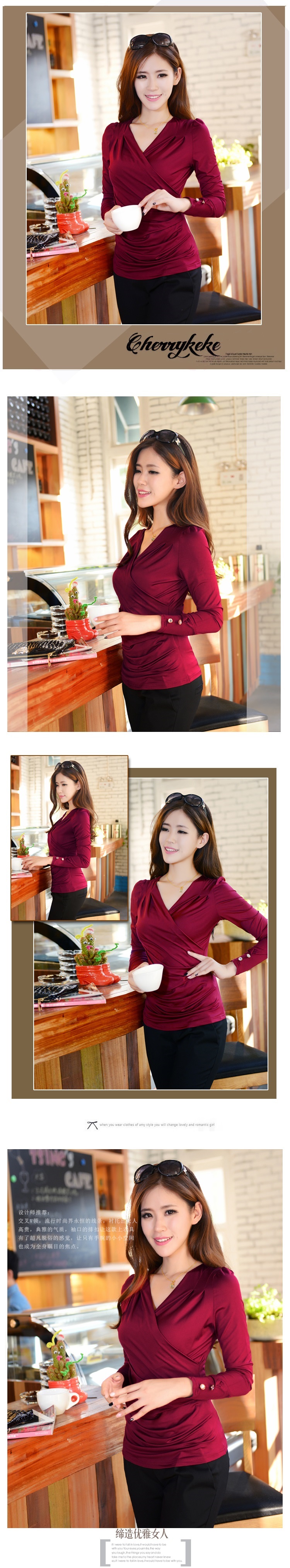HI!JANE2016春秋新款女韩版百搭打底衫女V领弹力修身衬衫长袖 6106白色 XL