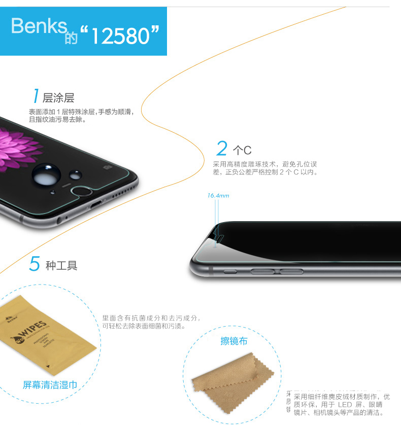 Benks 苹果6s钢化玻璃高清手机贴膜 适用于苹果6s/iPhone6s/6s Plus (0.3mm)钢化背膜-泡芙小姐【5.5英寸】