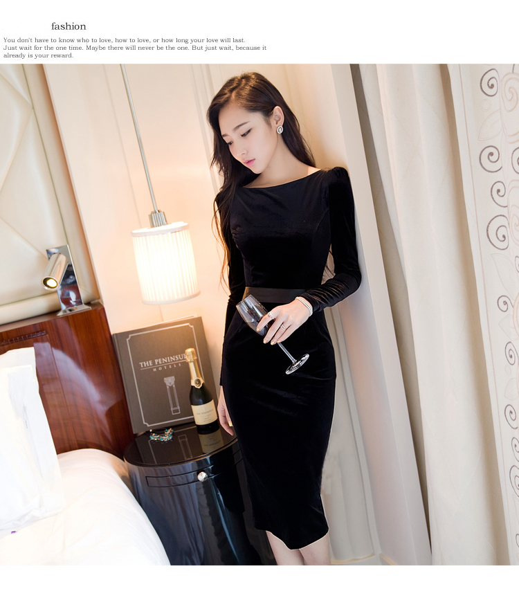
                                                            蓝空气 晚礼服宴会酒会伴娘新娘结婚礼服秋冬款敬酒服女中长款包臀长袖性感修身长款连衣裙 玫瑰红色 S                