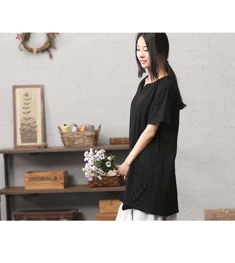 棉叙 第5062页 2016夏装新品盘扣衬衣宽松棉麻短袖衬衫 黑色长衬衫女 黑色 M