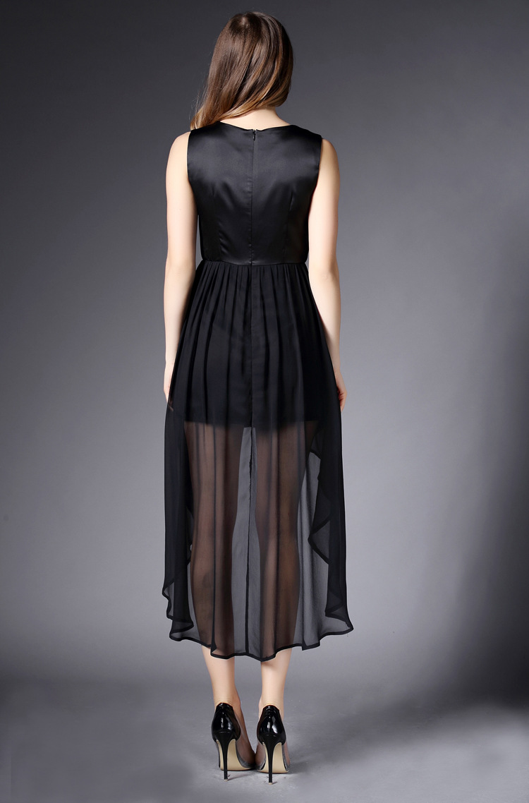 席尔顿服饰欧洲站女装新款无袖背心下摆不规则燕尾服亮片连衣裙 黑色