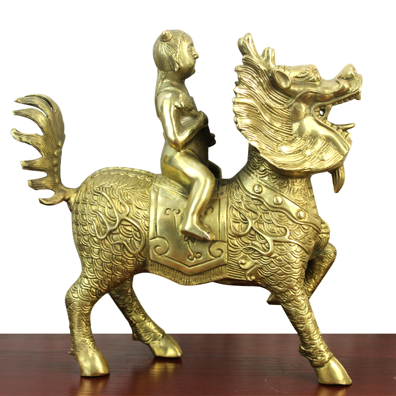 童男童女 童子骑铜麒麟 黄铜麒麟工艺品摆件 黄铜色童男骑麒麟抵换