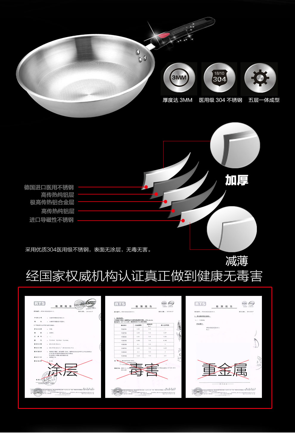 泰朗仕德国五层不锈钢炒锅平底无烟无涂层不粘锅电磁炉通用铁锅具 不锈钢本色