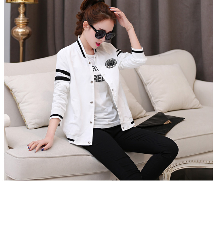 SMLN2015秋新款短外套女上衣女棒球服白色条纹夹克衫休闲风衣外套49901 白色 S