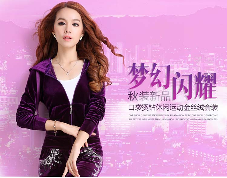 2015秋冬新款 金丝绒套装秋女2015卫衣套装女春秋运动套装女秋装时尚潮 啡紫色 M