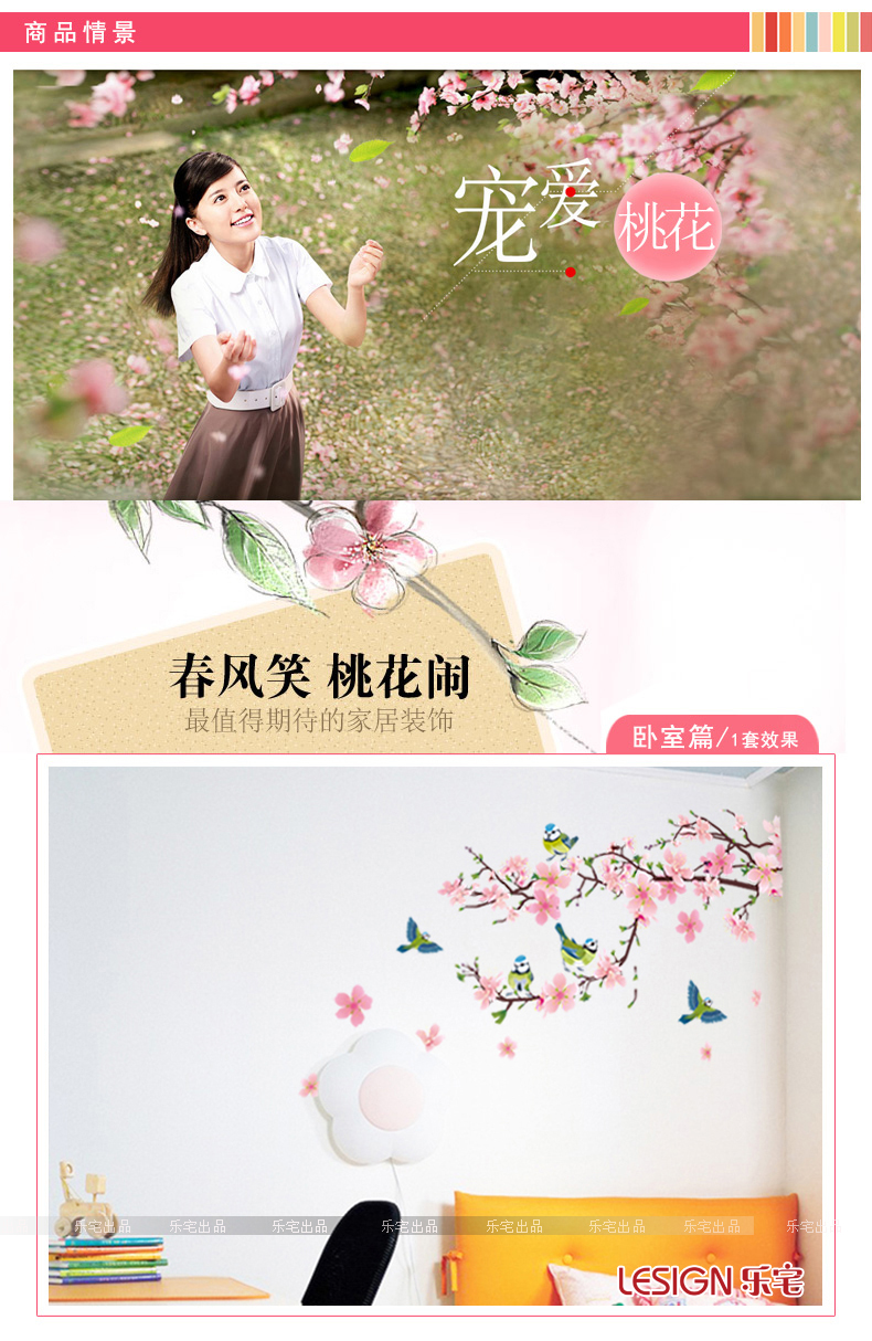 乐宅 浪漫客厅电视背景墙贴纸 可移除花鸟贴画 卧室沙发墙壁装饰