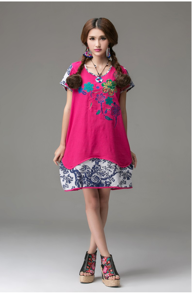 婼黛芬2015夏装新款民族风大码女装亚麻拼色绣花连衣裙rfl1651 黑色