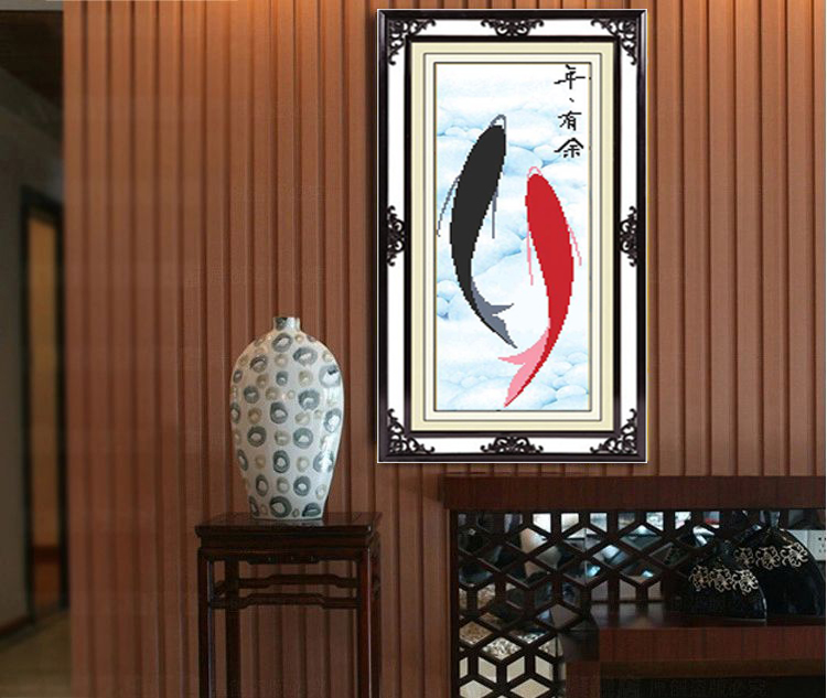 皇家至尊蒙娜丽莎十字绣钻石画贴钻画十字绣新款客厅印花十字绣年年有余鱼图3D立体绣钻石画双鱼 钻石画双鱼29*61厘米仅贴.