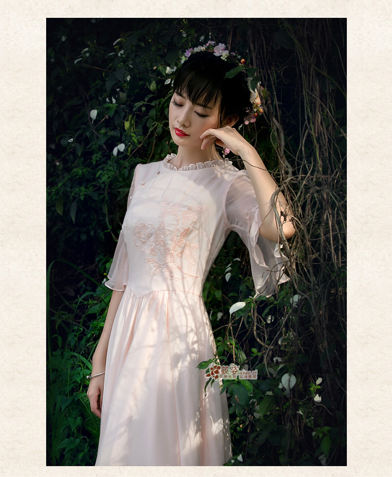 筱姿 清舞 2016春夏复古新款 女装木耳边 雪纺 绣花连衣裙长裙 浅粉 M