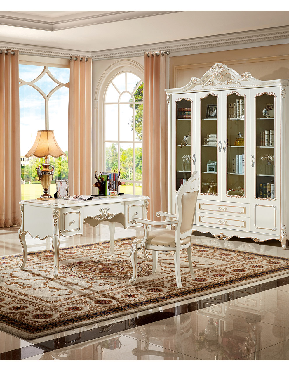 梦美斯宣欧式实木框架精致雕花珍珠白可储物写字台书房书桌椅组合法式