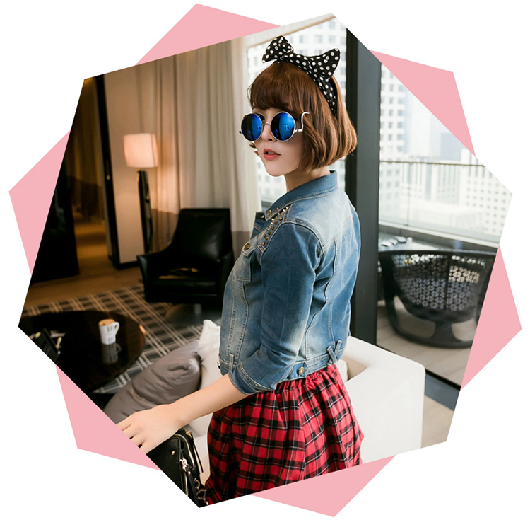 2016秋装新款韩版修身短款牛仔外套女柳钉七分袖牛仔衣外套XZ10470 L码
