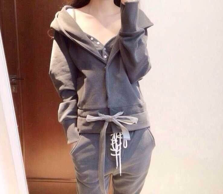 美谐 长袖卫衣套装女2016秋冬季新款女装时尚休闲连帽运动休闲加绒加厚哈伦裤卫衣三件套女秋 灰色加绒 S