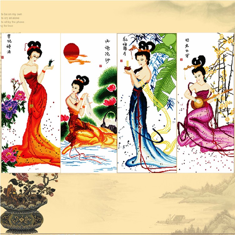 皇家至尊蒙娜丽莎十字绣新款客厅古代四大美女挂画壁画艺术画大幅仕女图系列四大美人走廊画 棉线1套4个新款贵妃醉酒45.