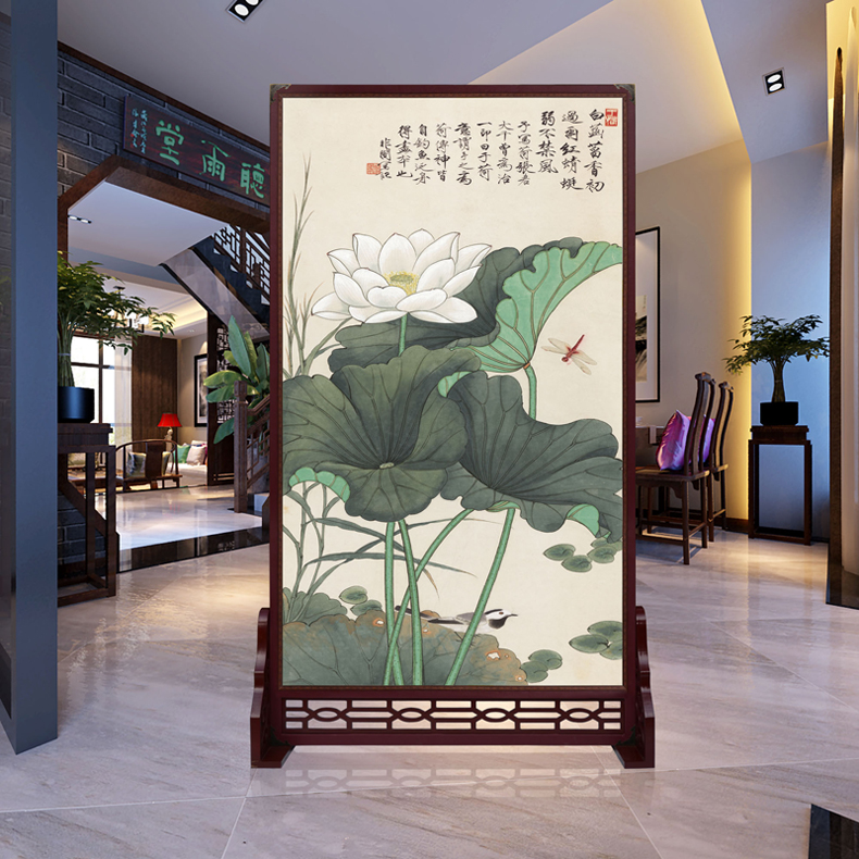 定制皮革座屏 中式书房酒店屏风 玄关办公室摄影客厅隔断双面屏风 黄宾虹 富春江图 120cm宽X180高 左右镂空
