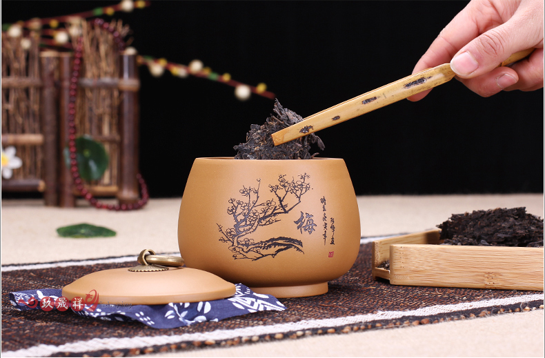 
                                        玖晟祥 宜兴紫砂茶叶罐原矿紫砂醒茶罐 精品普洱罐 陶瓷缸梅兰竹菊 铜扣小罐—兰花款                