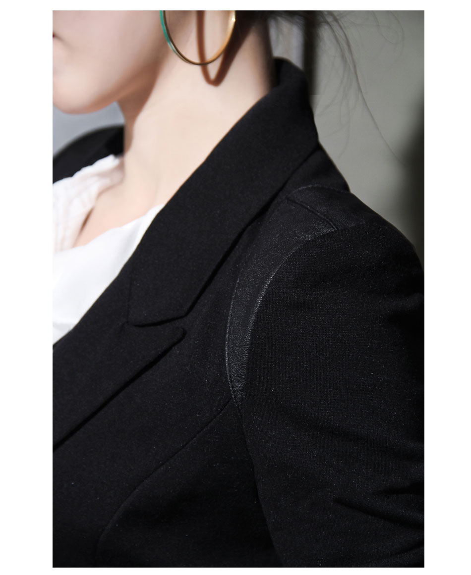 月汐2015秋装一粒扣中长款修身黑色拼皮女装小西服Y80138 黑色 M