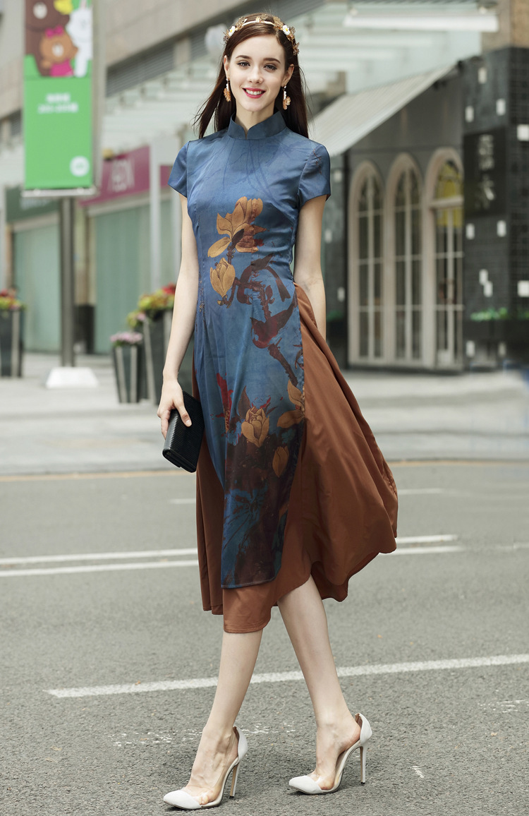 奥黛旗袍连衣裙夏季新款中国风日常修身长款改良越南旗袍裙军绿xxxl