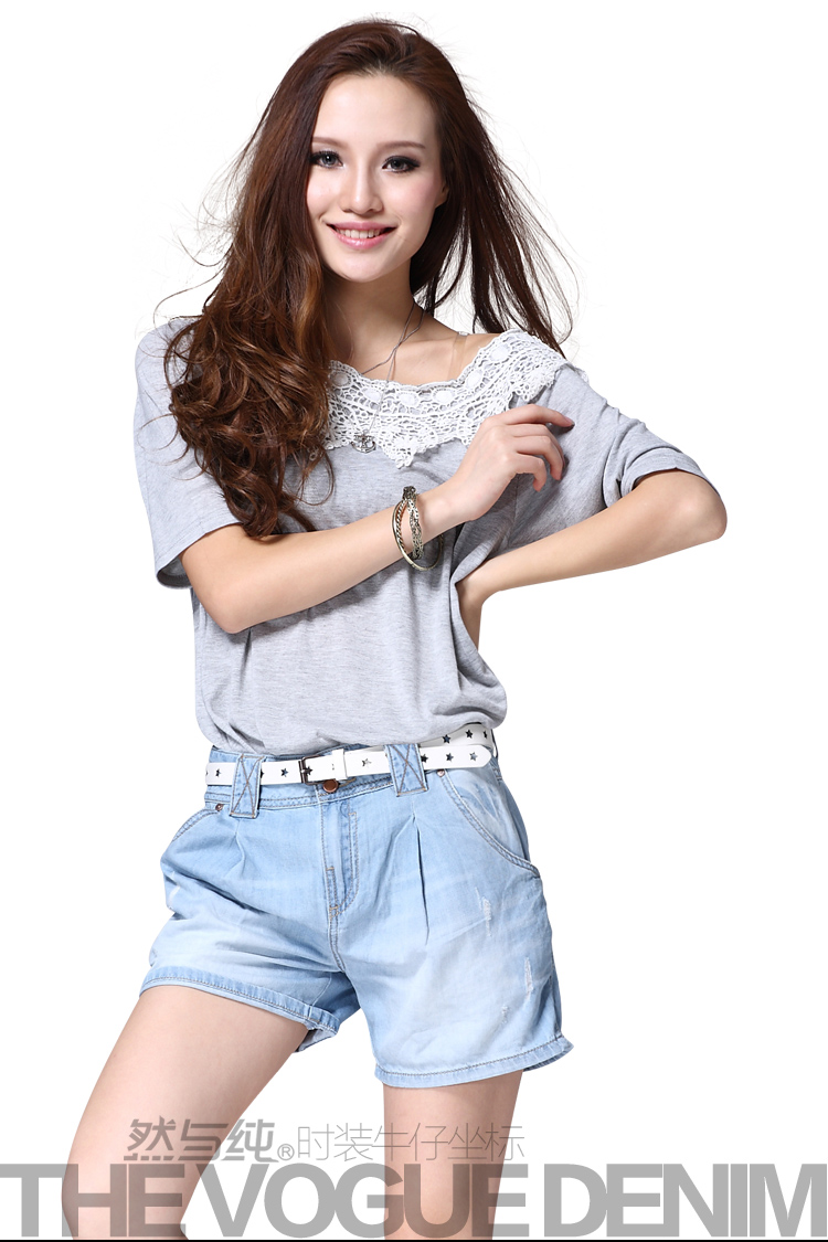 然与纯大码女夏潮BF阔腿宽松显瘦 学生mm牛仔短裤子简约修身薄R858 蓝色 34码
