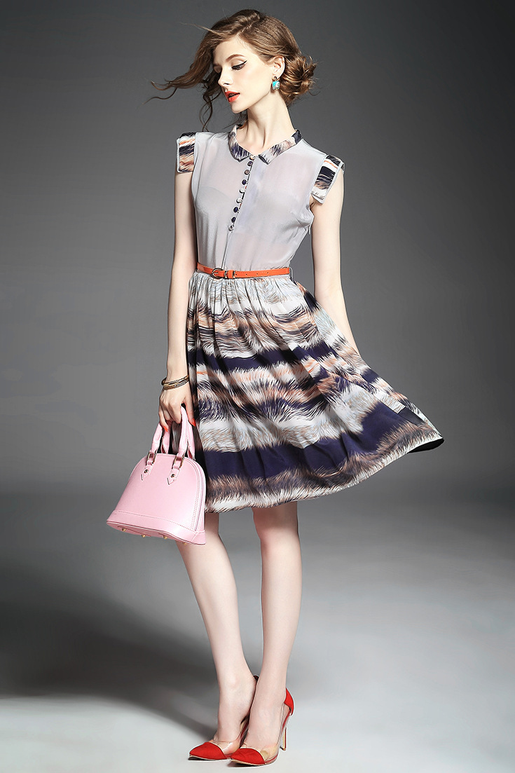 月光石2015夏季女装新款立领无袖印花拼接修身真丝大摆连衣裙4996 图