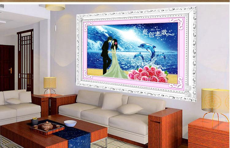 
                                        皇家至尊蒙娜丽莎十字绣3D印花十字绣卧室新婚版壁画床头画客厅大幅蓝色恋歌海豚湾恋人玫瑰印花 3D棉线3股线蓝色恋歌125*70                