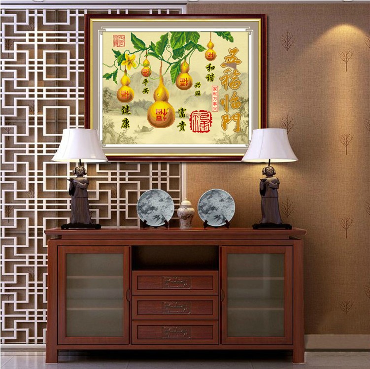 
                                        包邮 蒙娜丽莎十字绣3D印花新款五福临门葫芦5D钻石画客厅大幅钻石绣字画类圆钻画贴钻钻石秀 钻石画五葫芦63*50厘米+.                