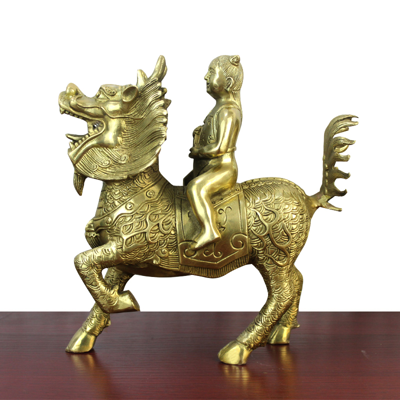 童男童女 童子骑铜麒麟 黄铜麒麟工艺品摆件 黄铜色童男骑麒麟抵换