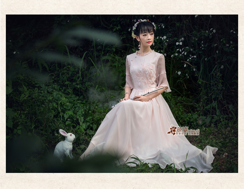 筱姿 清舞 2016春夏复古新款 女装木耳边 雪纺 绣花连衣裙长裙 浅粉 M
