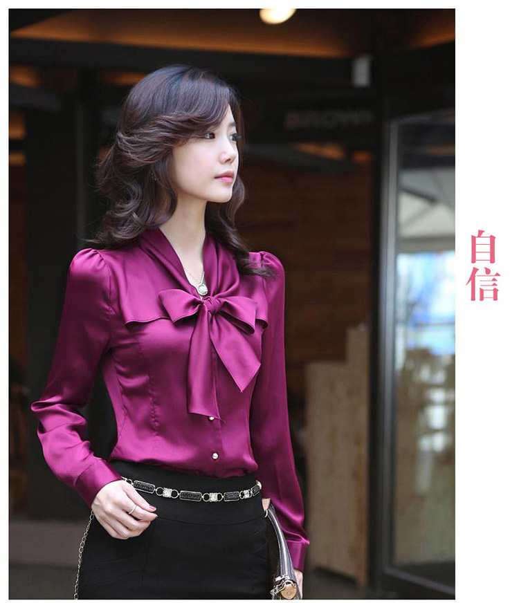
                                        格娜芬 2015秋冬装新款韩版学生职业装蝴蝶结免烫衬衣女高品质修身款仿真丝白色衬衫女装 888白色 L                