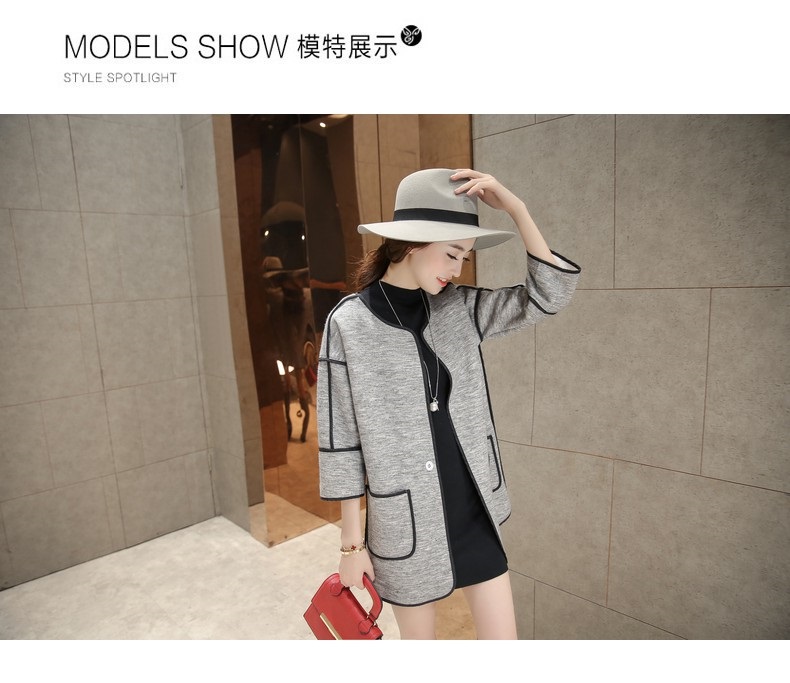 
                                        春秋季韩版大码宽松拼接口袋七分袖休闲中长款外套女开衫薄 灰色 XL                