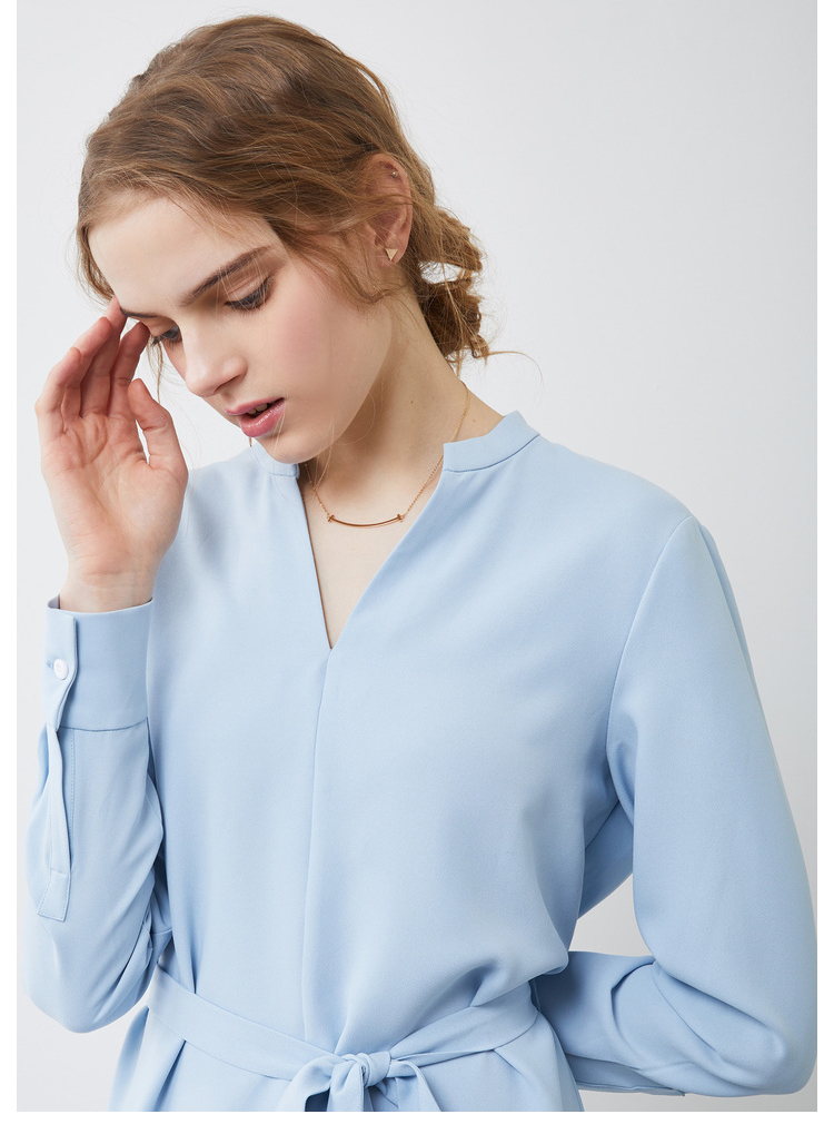 2018夏季新款纯色v领长袖收腰连衣裙 h型系带简约气质中长裙 浅雾蓝 l