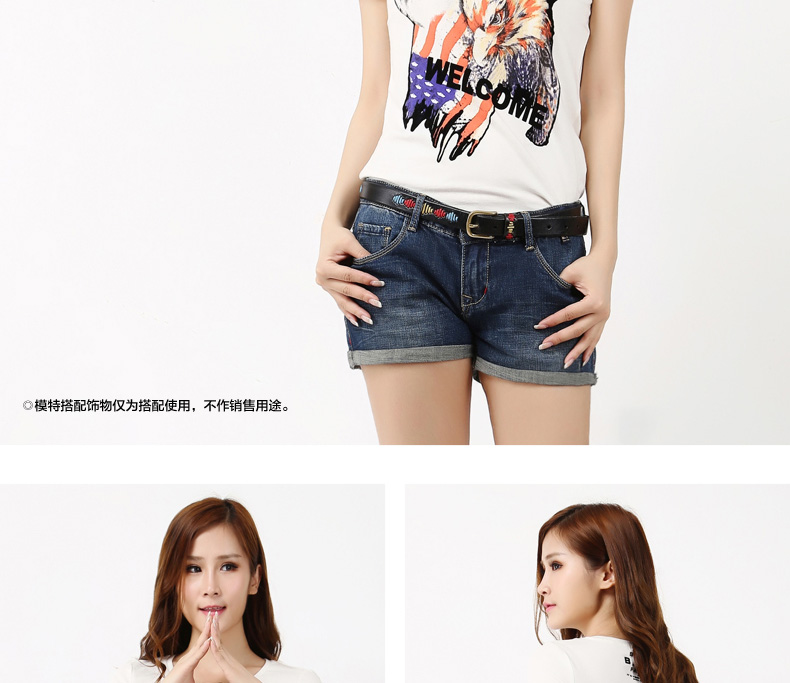 BTBOY/棒球小子 时尚夏装新品女装修身卷边中蓝磨白休闲牛仔短裤 中蓝 28码
