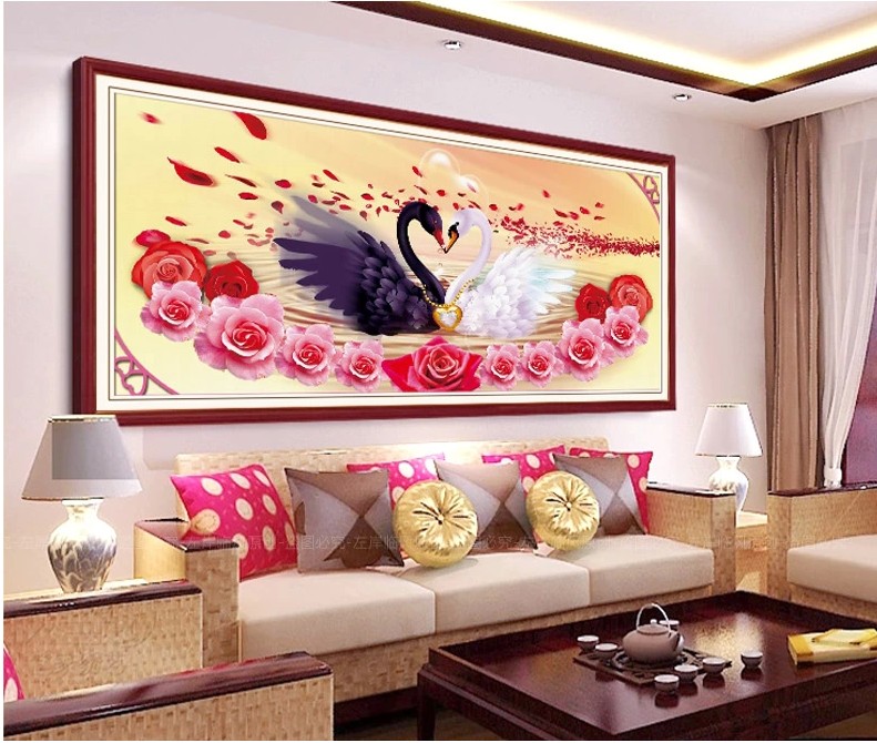 
                                        包邮 蒙娜丽莎十字绣新款客厅大幅装饰画情比金坚系列中国风壁画挂画一对天鹅心心相印玫瑰花婚庆 钻石画情比金坚精华版108*47CM                