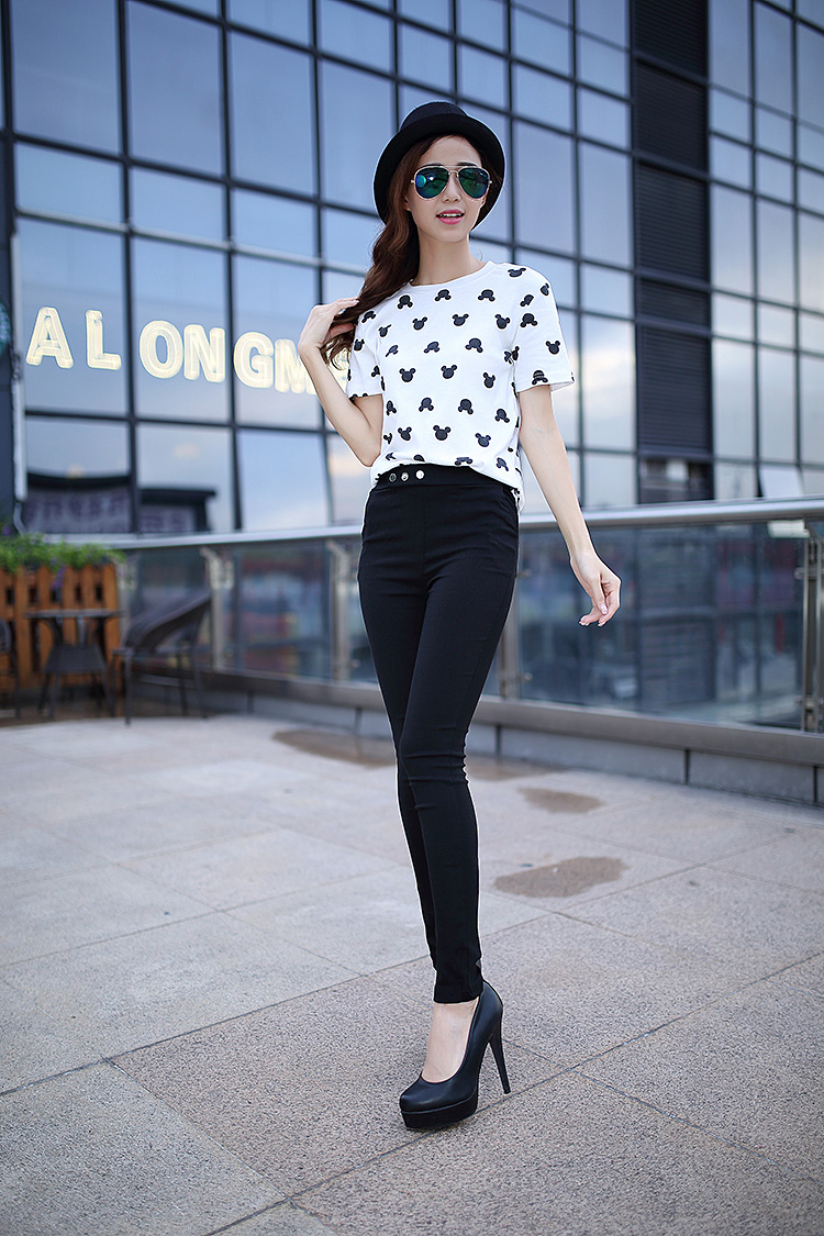 经典蜜雪 2015秋装弹力修身显瘦铅笔裤 纯色金扣小脚休闲裤 女 黑色 s