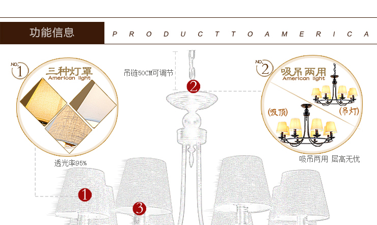蒙特丽 美式乡村吊灯具餐厅灯铁艺7056 欧式田园客厅灯别墅楼梯灯 吸吊两用(B) 6头 奶白灯罩