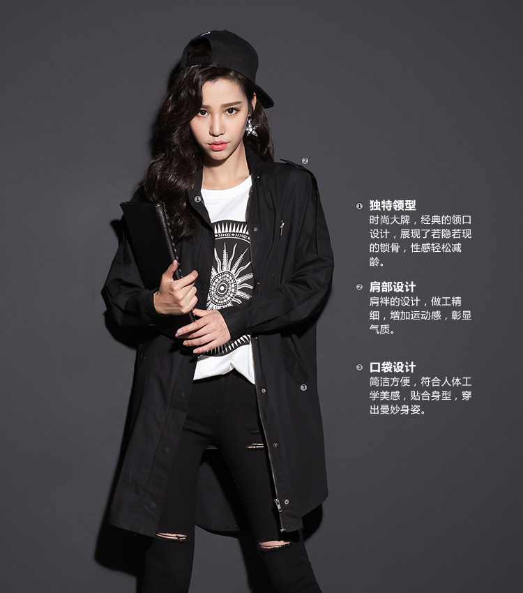 七格格秋新品工装风衣 中长款个性时尚街头风衣 女 黑色 M