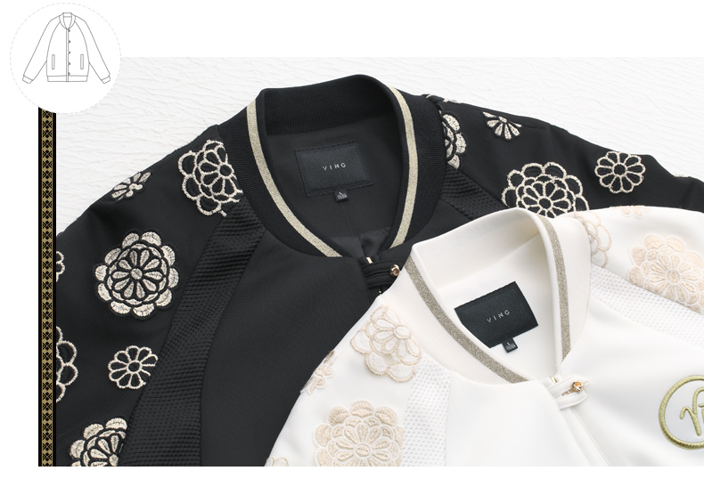 
                                        VING春装新款高端女装刺绣棒球服时尚运动衫修身短款外套夹克9531411011 黑色 XL                