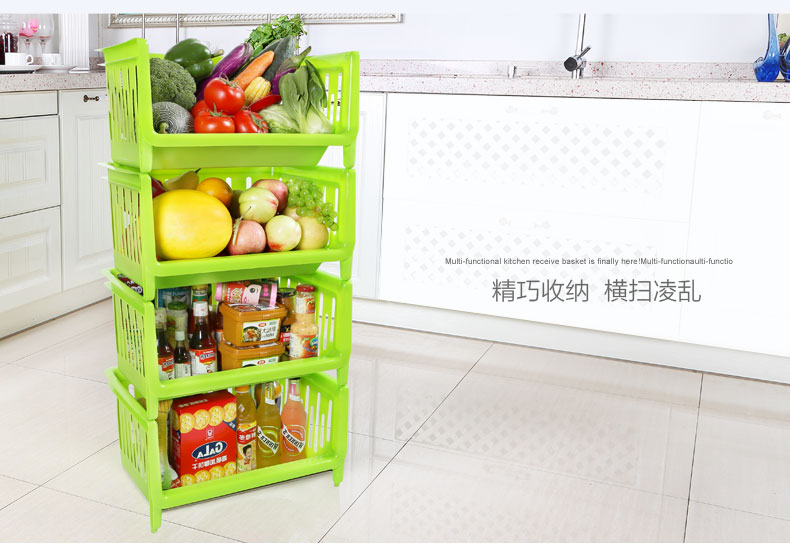 
                                        HAIXIN 海兴塑料厨房置物架 收纳架蔬菜水果储物架杂物筐菜架 绿色 三层-宽口设计 拿取方便                