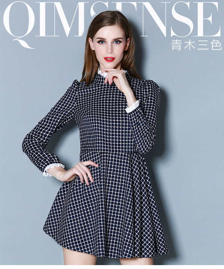 青木三色2015秋季新品立领长袖格子连衣裙女高腰假两件连衣裙伞裙