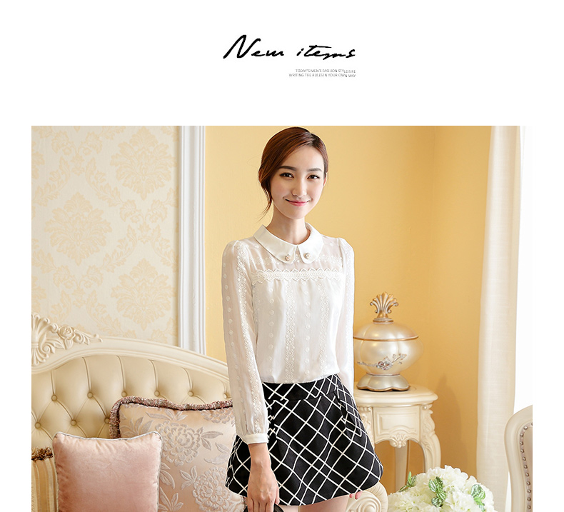 
                                        法萱妮 2015秋冬新款女装白色长袖娃娃领雪纺蕾丝打底衫3314# 白色 M                