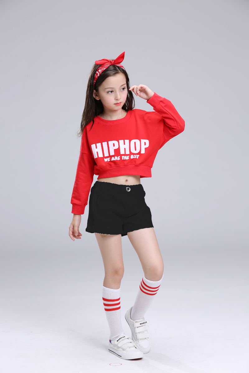 服嘻哈街舞爵士舞现代舞表演服套装男女童啦啦操服装 红上衣 黑短裤