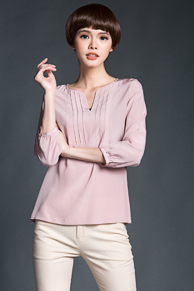 苏格曼2015秋季新款显瘦中长款v领纯色t恤重磅桑蚕丝真丝上衣女 藕粉