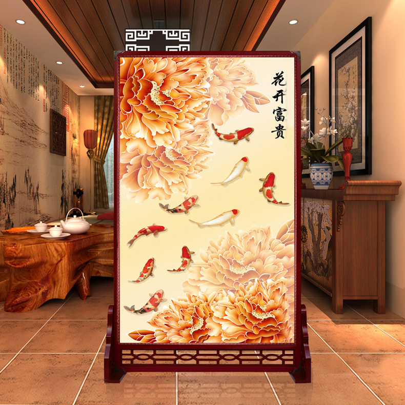 定制皮革座屏 中式书房酒店屏风 玄关办公室摄影客厅隔断双面屏风 花开富贵2 120cm宽X180高 左右镂空
