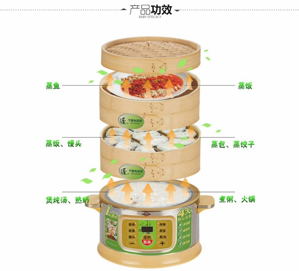 【抢年货】SEILER不锈钢蒸锅 防干烧电蒸笼大容量三层竹香电蒸锅 节能锅烹饪锅蒸笼锅 BY-8586