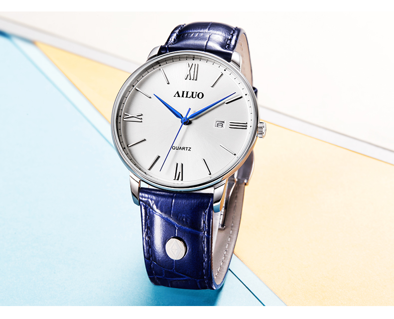 艾诺(ailuo) 手表 超薄男士手表双日历男表防水商务石英情侣表钟表 白