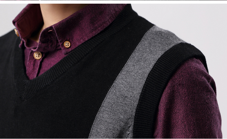 衣之纯2015秋冬新品无袖针织毛线衣撞色马夹 男装 黑色 xl
